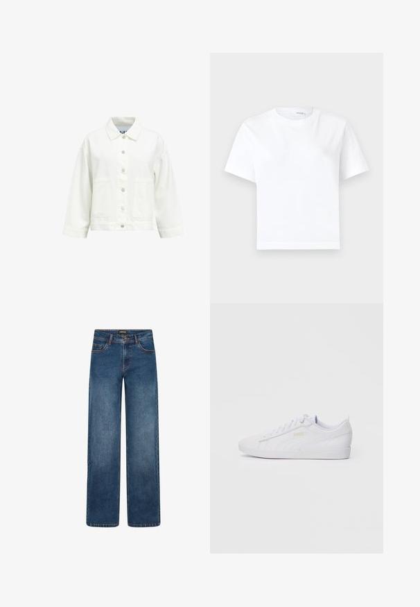 Chaqueta blanca abotonada con mangas largas, cuello puntiagudo y dos bolsillos parche delanteros, mostrada sobre un fondo liso.; Camiseta blanca lisa de algodón de manga corta con cuello redondo y dobladillo recto, mostrada sobre un fondo blanco.; Vaqueros de pierna ancha en lavado azul medio. Cuentan con cinco bolsillos, cierre de botón y cremallera, y costuras doblemente reforzadas. Tejido duradero.; Zapatilla baja blanca de Puma con cierre de cordones en la parte delantera, un logo sutil en el lado y la suela, y una parte superior de material sintético suave para uso casual.