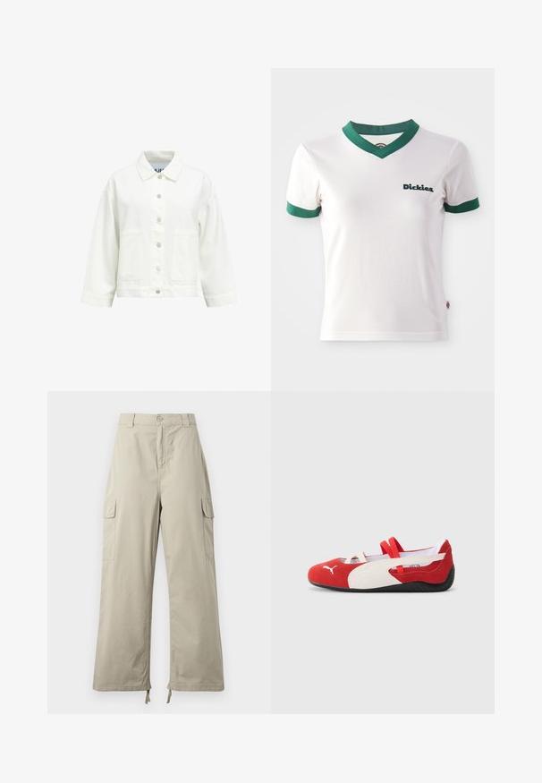Hvid skjortejakke med lange ærmer, spidst krave og to påsyede lommer foran, vist på ensfarvet baggrund.; Hvid kortærmet t-shirt med grøn V-hals og ærmekanter; har "Dickies" logo i mørkegrøn på venstre bryst. Glat bomuldsstruktur.; Lys beige cargo bukser med en afslappet pasform, der har knaplukning, sidelommer og justerbar kant med snore. Glat stoftekstur.; Røde og hvide ruskindsko med lav profil, forsynet med elastiske stropper og en tekstureret sort gummisål. Puma-logo på siden.