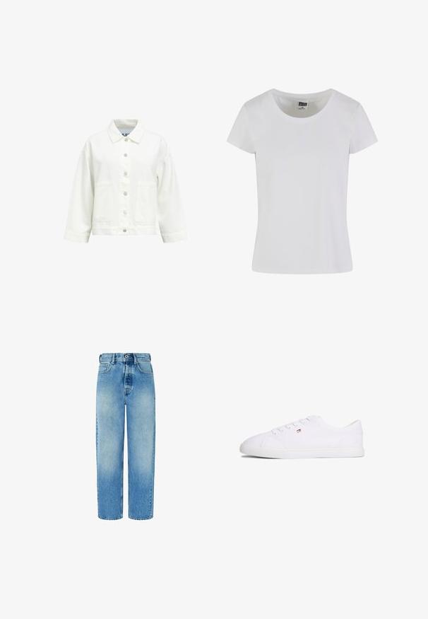 Chaqueta blanca abotonada con mangas largas, cuello puntiagudo y dos bolsillos parche delanteros, mostrada sobre un fondo liso.; Camiseta blanca de manga corta hecha de algodón. Presenta un escote redondeado y una forma ajustada. La etiqueta dice "URBAN CLASSICS."; Jeans de mezclilla de color azul claro con un diseño de pierna recta, cintura alta, bolsillos frontales y cierre de botón. Presentan un ligero decolorado y sin adornos.; Zapatilla blanca de corte bajo con cierre de cordones y pequeño logo en rojo, blanco y azul en el lateral, suela plana de goma.