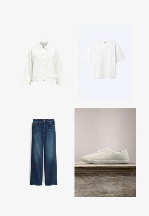 Witte jas met knopen, lange mouwen, puntige kraag en twee voorzakken, weergegeven op een effen achtergrond.; Witte T-shirt met korte mouwen en een ronde hals met rechte zoom, met een "WEEKDAY" merklabel aan de binnenkant van de hals.; Wijduitlopende donkerblauwe denim jeans met een lichte vervaging, voorzien van vijf zakken en een metalen knoopsluiting bij de taille.; Witte canvas sneakers met een ronde neus, zes veterogen en een gestructureerde rubberen zool, zwevend boven een houten oppervlak met groene gras op de achtergrond.