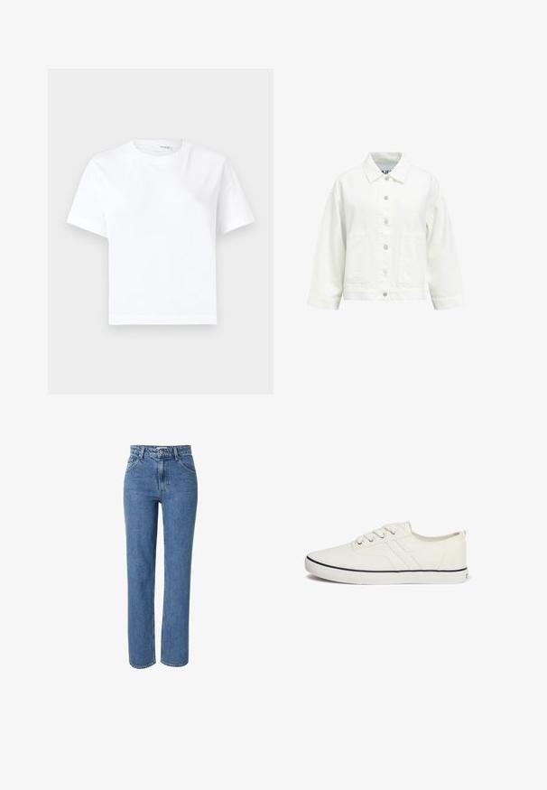 Veste blanche boutonnée avec manches longues, col pointu et deux poches plaquées à l'avant, présentée sur un fond uni.; T-shirt blanc uni en coton à manches courtes, col rond et ourlet droit, présenté sur fond blanc.; EDITED ROWAN - Jean droit - blue denim; Baskets en toile blanches au design bas, à bout rond, avec six œillets, une bande de couleur marine et une semelle en caoutchouc texturée.