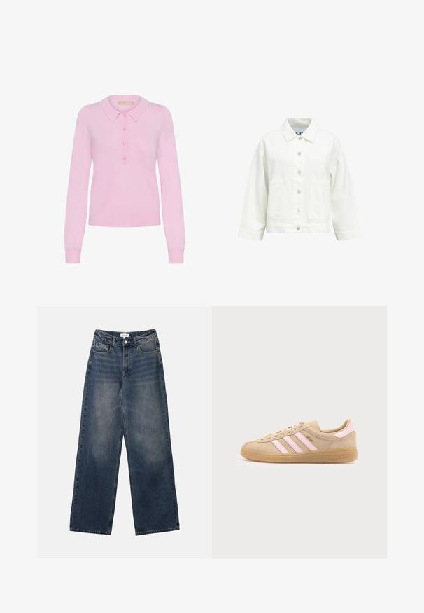 Weiße Hemdjacke mit langen Ärmeln, spitzem Kragen und zwei aufgesetzten Vordertaschen, dargestellt vor einem einfarbigen Hintergrund.; Rosa gestrickter Langarm-Polo-Pullover mit Kragen, ausgestattet mit einer Knopfleiste mit fünf Knöpfen und einem gerippten Saum. Weiche Textur, figurbetontes Design.; Herrenhohe-taillierte blaue Jeans aus Denim mit weitem Bein, vorderem Knopf und Reißverschluss sowie Vorder- und Gesäßtaschen.; Beiger Adidas Munich Sneaker mit pinken Streifen, Gummisohle und goldenem "Munich" Text an der Seite, von der Innenseite auf weißem Hintergrund gezeigt.