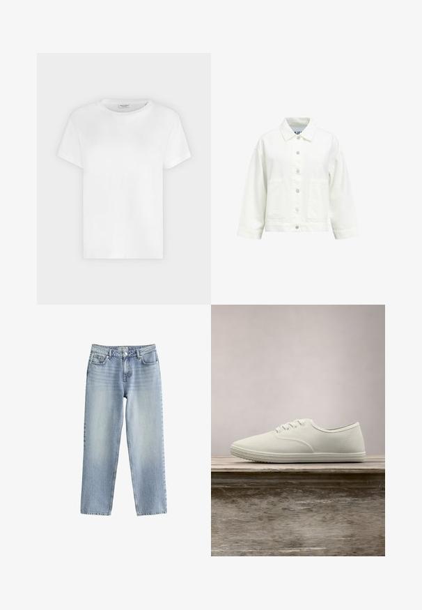Chaqueta blanca abotonada con mangas largas, cuello puntiagudo y dos bolsillos parche delanteros, mostrada sobre un fondo liso.; Camiseta blanca de manga corta con cuello redondo y etiqueta visible de Marc O’Polo en el interior del cuello sobre un fondo liso.; Jeans de mezclilla azul claro con un diseño de pierna recta, cintura alta y un ligero desvanecimiento. Cuentan con un cierre de botón y un estilo clásico de cinco bolsillos.; Zapatillas de lona blancas con punta redondeada, seis ojales y suela de goma texturizada, suspendidas sobre una superficie de madera con hierba verde al fondo.