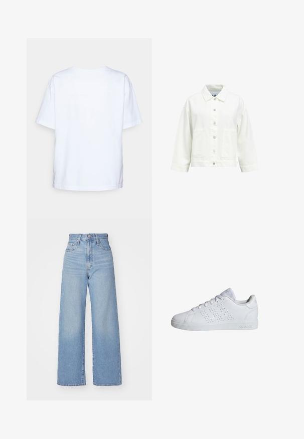 Chaqueta blanca abotonada con mangas largas, cuello puntiagudo y dos bolsillos parche delanteros, mostrada sobre un fondo liso.; Camiseta de algodón blanca de manga corta vista desde atrás sobre un fondo gris claro.; Jeans de tiro alto y pernera ancha en azul claro, con cierre frontal de botón y cremallera, y bolsillos delantero y trasero, sobre un fondo blanco.; Zapatilla Adidas blanca de corte bajo con cordones, rayas perforadas en el lateral y suela de goma texturizada.
