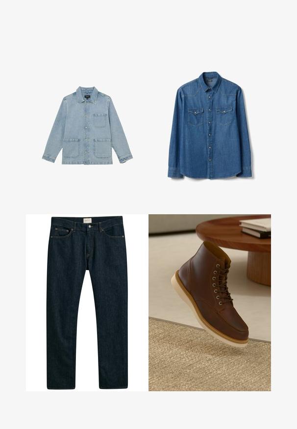 Lichtblauwe spijkerjas met drie voorzakken, knoopsluiting en een klassieke kraag, plat neergelegd op een witte achtergrond.; Blauw denim overhemd voor heren met lange mouwen, twee borstzakken met knopen, drukknopen aan de voorkant, een spreidkraag en een rechte zoom.; Donkerblauwe denim jeans met een recht model, vijf zakken en contrasterende stiksels op de naden. Gladde stofstructuur.; Bruine leren enkelboot met beige zool op een gestructureerd beige vloerkleed naast een ronde houten tafel met opgestapelde boeken.