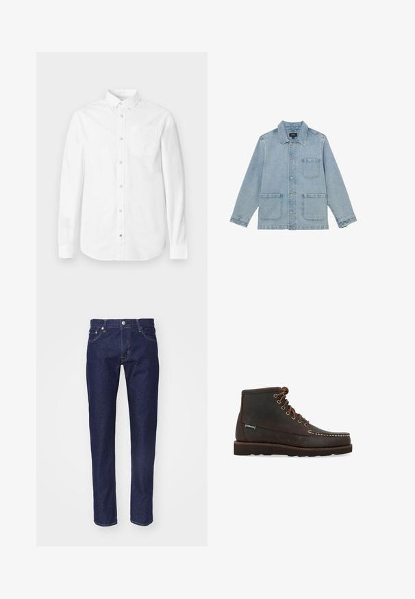 Lichtblauwe spijkerjas met drie voorzakken, knoopsluiting en een klassieke kraag, plat neergelegd op een witte achtergrond.; Witte blouse met lange mouwen van katoen. Voorzien van een button-down kraag, voorzak en subtiele textuur. Rechte zoom met knoopsluitingen.; Marineblauwe denim spijkerbroek met een rechte pasvorm, vijf-pocket ontwerp, contrasterende oranje stiksels en een zilveren knoopsluiting aan de taille.; Sebago Veterboots - marrone