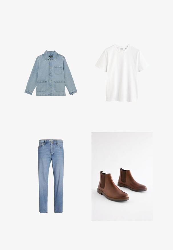 Lichtblauwe spijkerjas met drie voorzakken, knoopsluiting en een klassieke kraag, plat neergelegd op een witte achtergrond.; Effen witte T-shirt met korte mouwen en een ronde hals, met een klein merkje in de kraag.; Lichtblauwe denim jeans met een rechte snit, standaard vijf-pocketontwerp en zichtbare stiksels. Geen onderscheidende patronen of accenten.; Bruine leren enkellaarsjes met elastische zijpanelen, een afgeronde neus en een gestapelde hak. Gladde textuur met contrasterende bruine accenten.