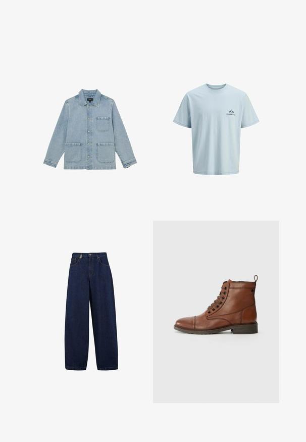 Hellblaue Jeansjacke mit drei Vorderentaschen, Knopfverschluss und klassischem Kragen, flach auf weißem Hintergrund ausgelegt.; Helles blaues Baumwoll-T-Shirt mit Rundhalsausschnitt, kurzen Ärmeln und einem kleinen schwarzen Logo auf der linken Brustseite. Weicher Stoff und entspannter Schnitt.; Lässige, dunkelblaue Denim-Jeans mit hoher Taille, Fronttaschen und geradem Bein. Enthält silberfarbene Hardware und minimalistische Nähte.; Jack & Jones Lace-up Lace-up - Schnürstiefelette - cognac