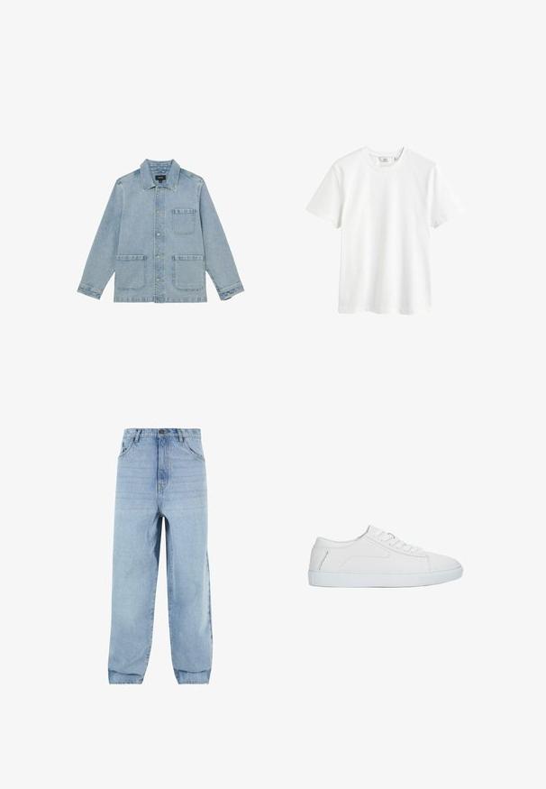 Hellblaue Jeansjacke mit drei Vorderentaschen, Knopfverschluss und klassischem Kragen, flach auf weißem Hintergrund ausgelegt.; Weißes Baumwoll-T-Shirt mit Rundhalsausschnitt, kurzen Ärmeln und lässiger Passform. Glatte Textur und keine sichtbaren Muster oder Akzente.; Helles, blaues Denim-Jeans mit lockerer Passform, hoher Taille und fünf Taschen. Mit Gürtelschlaufen und Knopfverschluss. Glatte Textur.; Weißer niedriger Sneaker mit Schnürdesign, glattem Lederobermaterial und flacher Gummisohle, seitlich auf weißem Hintergrund dargestellt.