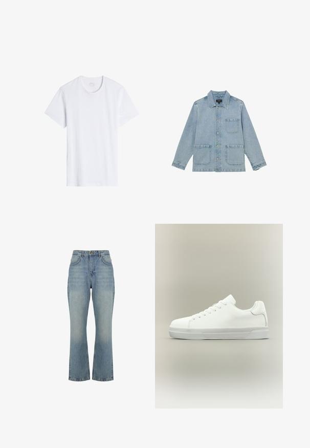 Veste en denim bleu clair avec trois poches avant, fermeture à boutons et col classique, posée à plat sur un fond blanc.; T-shirt blanc à manches courtes avec un col rond. Confectionné en coton doux, il présente une coupe décontractée et des coutures minimales.; Jean en denim bleu clair taille haute, coupe droite, fermeture par boutons devant, passants de ceinture et deux poches avant.; Baskets basses blanches à lacets, doté d'un col rembourré et d'une semelle en caoutchouc texturée, présentées de profil sur un fond neutre.