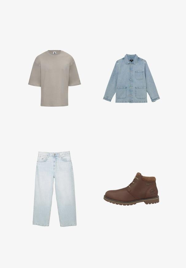 Lyseblå denimjakke med tre forlommer, knaplukning og klassisk krave, lagt fladt ud på en hvid baggrund.; Kortærmet t-shirt med rund hals i lys beige bomuld. Har en afslappet pasform, glat tekstur og diskret branding på ærmet.; Lysblå højtaljede straight-leg jeans med frontknap, lommer og lille mærket metalmærke på den højre forlommer.; Dockers by Gerli Snørestøvletter - deer wi
