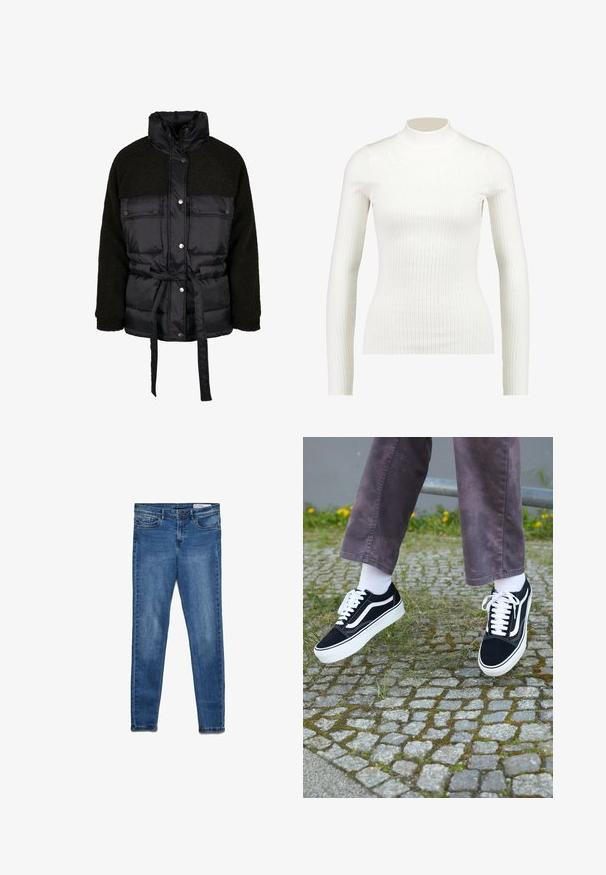Zwarte pufferjack met een glad zwarte fleece bovenzijde, drukknoopsluiting aan de voorkant, ceintuur in de taille en een hoge kraag. Voorzien van twee voorzakken.; Geribbelde witte lange mouw turtleneck top met een fitted ontwerp en gladde textuur, voorzien van een hoge halslijn en slanke silhouet.; Donkerblauwe denim jeans met een klassieke skinny pasvorm. Voorzien van vijf zakken, een ritssluiting en subtiele vervaging voor textuur.; Zwarte suède sneakers met witte accenten, met een ronde neus, dikke witte zool en klassieke vetersluiting, gedragen met witte sokken en paarse broek.