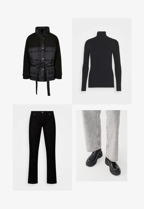 Schwarze Pufferjacke mit einem strukturierten schwarzen Fleece-Oberteil, Druckknopfverschluss, tailliertem Schnitt und hohem Kragen. Mit zwei Fronttaschen.; Schwarzer gerippter Rollkragenpullover, der lange Ärmel und eine figurbetonte Silhouette bietet. Die Textur ist glatt mit einem horizontalen Rippenmuster.; Schwarze Jeans aus Denim, mit schlanker Passform, fünf Taschen, Knopfverschluss und dezenten Kupferakzenten an den Nieten.; Vagabond COSMO - Plateaustiefelette - black