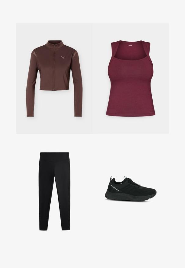 Brun cropped jakke med lange ærmer, frontlynlås og høj krave, med en lille Puma-logo på venstre bryst.; Bordeaux tank top lavet af strækstof, med rund halsudskæring og ærmeløs design. Lille logo i nederste venstre hjørne.; Sorte leggings lavet af glat, strækbart stof. Har en bred talje og en tapered ben-design, velegnet til aktiv eller afslappet brug.; Sort sportsko med en struktureret overdel, netpaneler og en polstret sål. Har snørebånd og en løkke ved hælen for nem påtagning.