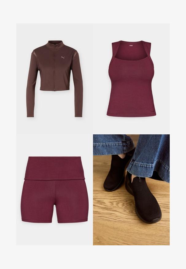 Brun cropped jakke med lange ærmer, frontlynlås og høj krave, med en lille Puma-logo på venstre bryst.; Bordeaux tank top lavet af strækstof, med rund halsudskæring og ærmeløs design. Lille logo i nederste venstre hjørne.; Bordeaux korte leggings med en bred talje, designet til komfort; glat tekstur, minimal syning og ingen synlige pynt.; Sorte slip-on sko med en tekstureret strikoverdel og elastisk åbning. Rund tåform og lavprofil polstret sål, båret med denimkant.