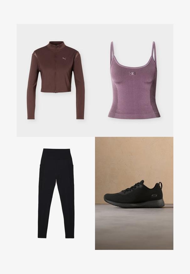 Brun cropped jakke med lange ærmer, frontlynlås og høj krave, med en lille Puma-logo på venstre bryst.; Lilla ribbet tanktop med tynde skulderstropper og lille logo centreret under halsudskæringen på ensfarvet baggrund.; Sorte leggings med høj, ribstrikket talje, sømløst design, sidelommer og glat tekstur hele vejen igennem.; Sorte sportsko med tekstureret overdel, rund tå og snørebånd. Har en polstret sål og en løkke i hælen for nem påtagning.