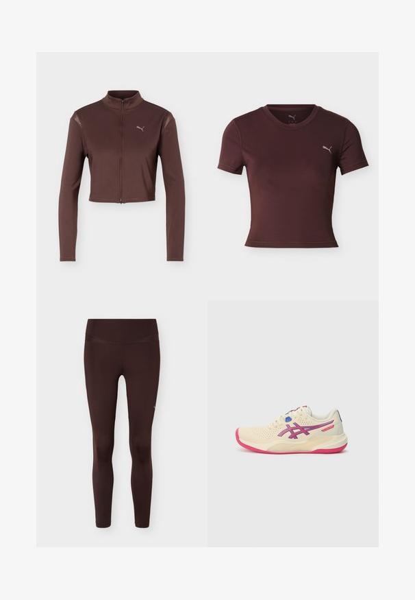 Brun cropped jakke med lange ærmer, frontlynlås og høj krave, med en lille Puma-logo på venstre bryst.; Kortærmet, tætsiddende sportsskjorte i burgunderrød med rund halsudskæring og lille Puma-logo på venstre bryst mod en hvid baggrund.; Mørkebrune højtaljede leggings til kvinder med flade sømme og tætsiddende, elastisk stof, vist mod en hvid baggrund.; Cremefarvet sportsko med en lyserød sål, blå og lilla accenter, perforeret overdel og design med rund tå.