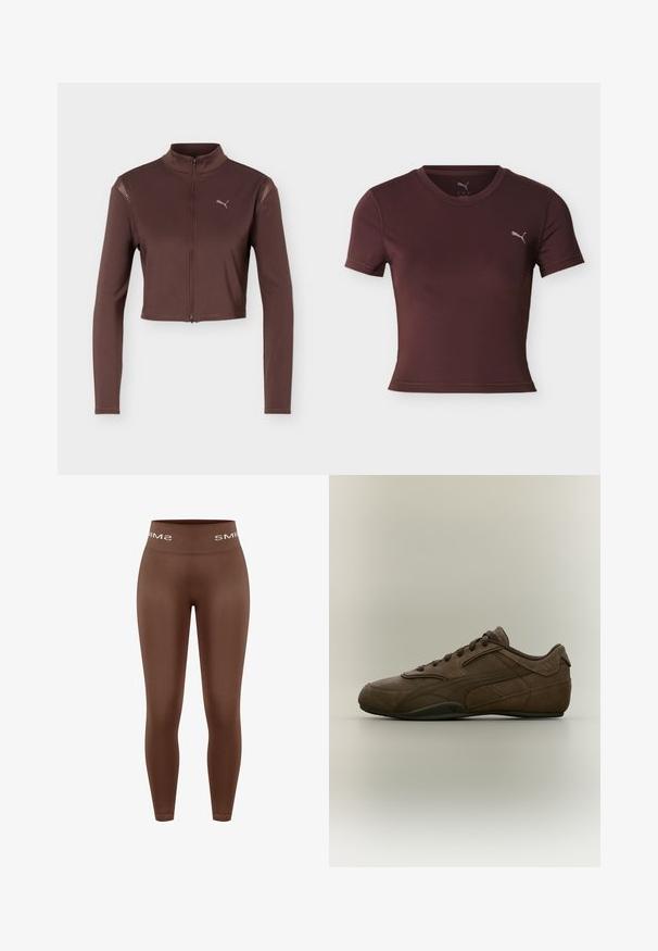 Brun cropped jakke med lange ærmer, frontlynlås og høj krave, med en lille Puma-logo på venstre bryst.; Kortærmet, tætsiddende sportsskjorte i burgunderrød med rund halsudskæring og lille Puma-logo på venstre bryst mod en hvid baggrund.; Brune leggings med høj talje og glat tekstur, med en strikket linning med "SMIMS"-logo i hvid, tætsiddende design, fuld længde.; Mørkebrun ruskind Puma-sneaker med snørebånd, side logo og lavprofileret gummisål på en neutral baggrund.