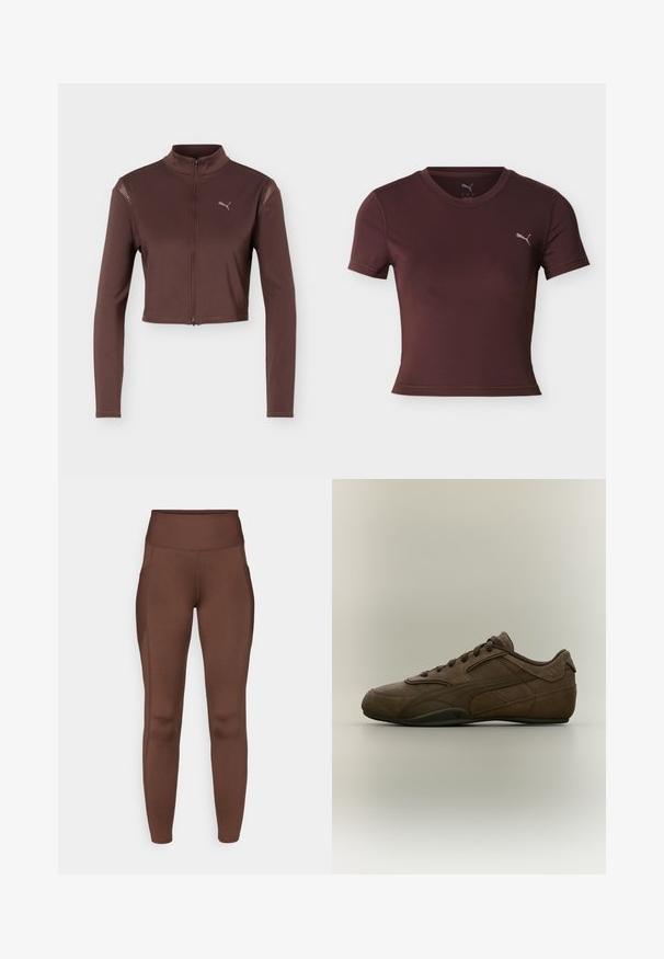 Veste courte marron à manches longues avec fermeture éclair frontale et col montant, ornée d'un petit logo Puma sur le côté gauche de la poitrine.; T-shirt de sport bordeaux à manches courtes, cintré, avec col rond et petit logo Puma sur le côté gauche de la poitrine sur fond blanc.; Leggings marron extensibles avec une taille haute, dotés de poches latérales et d'une texture lisse. Les coutures soulignent la forme.; Baskets Puma en daim brun foncé avec lacets, logo latéral et semelle en caoutchouc profilée basse sur fond neutre.