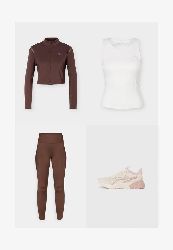 Veste courte marron à manches longues avec fermeture éclair frontale et col montant, ornée d'un petit logo Puma sur le côté gauche de la poitrine.; Haut de sport blanc sans manches avec encolure ronde et détail dos croisé, arborant un petit logo Puma sur la poitrine.; Leggings marron extensibles avec une taille haute, dotés de poches latérales et d'une texture lisse. Les coutures soulignent la forme.; Baskets légères avec un design beige et rose pâle, tige en maille, semelle rembourrée et accents de logo discrets sur le côté.