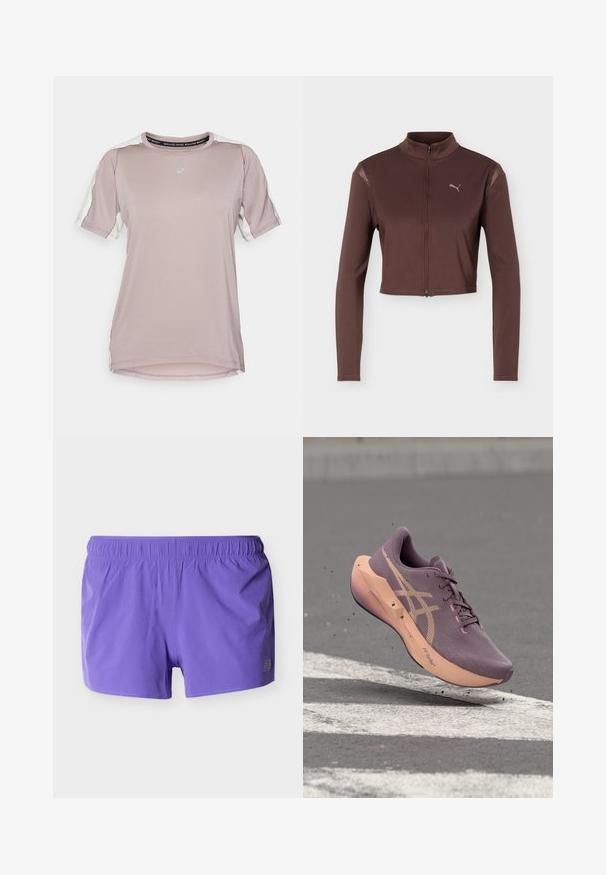 Brun cropped jakke med lange ærmer, frontlynlås og høj krave, med en lille Puma-logo på venstre bryst.; ASICS FUJITRAIL ELITE TOP - Sports T-shirts - rainstorm grey/cream; Lilla atletikshorts med elastisk talje og små perforeringer for åndbarhed, vist mod en ensfarvet baggrund.; Lilla og fersken farvet løbesko mærket "FF Turbo" i luften over asfalt med hvide vejmarkeringer og små jordpartikler.