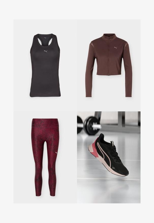 Brun cropped jakke med lange ærmer, frontlynlås og høj krave, med en lille Puma-logo på venstre bryst.; Sort atletisk tanktop med racerback-design, lavet af glat stof, med et lille gråt logo i midten på fronten.; Mørkerøde og sorte mønstrede leggings i fuld længde med høj talje og lille hvid Puma-logo på den øverste højre lår.; Sort og pink Puma løbesko svævende over et reflekterende fitnessgulv, med slørede håndvægte i baggrunden.