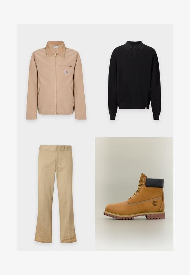 Beige Jacke mit Reißverschluss, spitzem Kragen, zwei Seitentaschen, Brusttasche mit Reißverschluss und kleinem Carhartt-Logopatch auf der linken Brust.; Schwarzer, langärmliger Strick-Polopullover mit geknöpftem Kragen sowie gerippten Bündchen und Saum, präsentiert vor schlichtem, hellem Hintergrund.; Beige Schlaghose aus einem Baumwollmix, mit Knopfverschluss, Gürtelschlaufen und flacher Vorderseite mit glatter Textur.; Brauner Leder-Stiefelette mit schwarzem Kragen, gelben Schnürsenkeln und hellbrauner Sohle. Verfügt über ein Logo und weiße Ziernähe. Robuste Profilsohle.