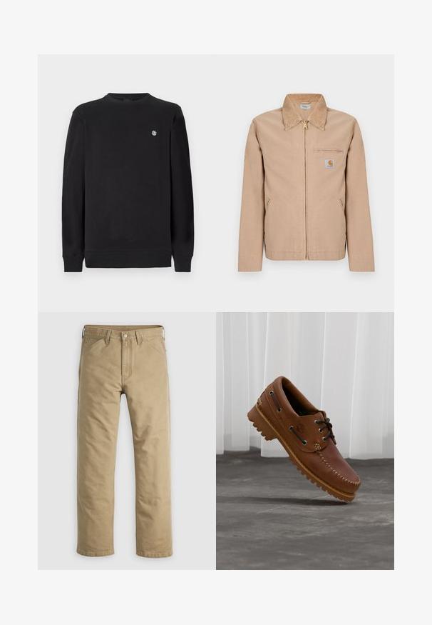 Beige jakke med lynlås, spids krave, to sidelommer, lynlåslomme på brystet og lille Carhartt-logo på venstre bryst.; Sort langærmet sweatshirts med rund hals og lille hvidt cirkulært logo på venstre bryst, ribbede manchetter og kant.; Khakifarvede bomuldssbukser med lige ben, forlommer og knaplukning. Glat tekstur og forstærkede sømme for holdbarhed.; Brun læder bådsko med sorte snørebånd, beige syninger og en robust sål, hængende over en grå betongulv.