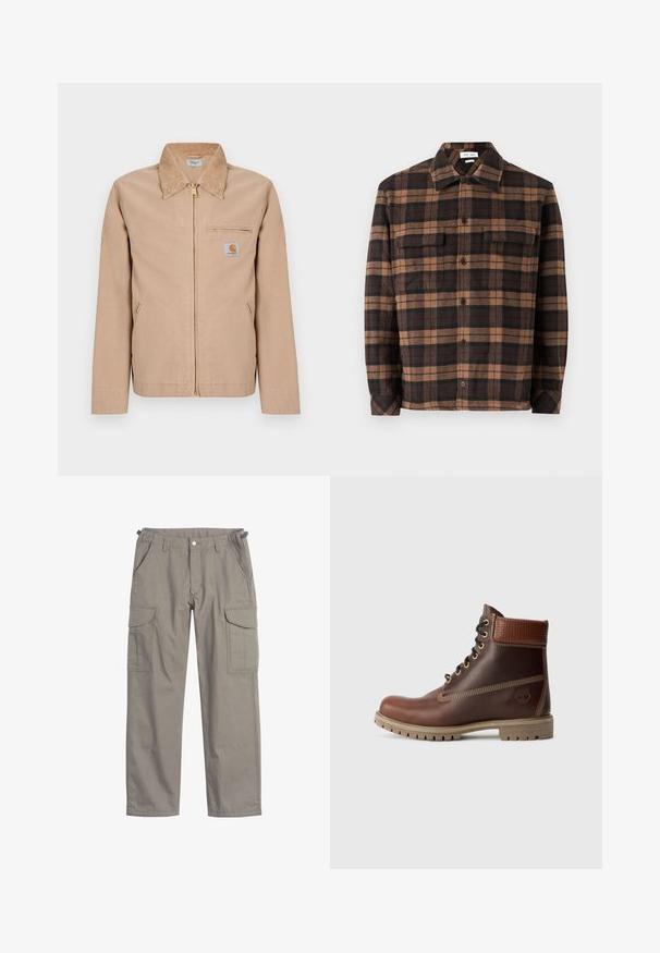 Beige jas met ritssluiting, spitse kraag, twee zijzakken, een borstzak met ritssluiting en een klein Carhartt-logo op de linkerborst.; Bruine en zwarte geruite flanellen shirt met een knoopsluiting aan de voorkant, twee borstzakken en een kraag. Zachte textuur en een ontspannen pasvorm.; Cargo broek in lichtgrijze stof, met twee grote zijzakken, voorzakken, een knoopsluiting en een losse pasvorm.; Bruine leren veterschoen tot de enkel met gevoerde kraag, contrasterende stiksels en een robuuste zool, getoond vanaf de buitenkant op een witte achtergrond.