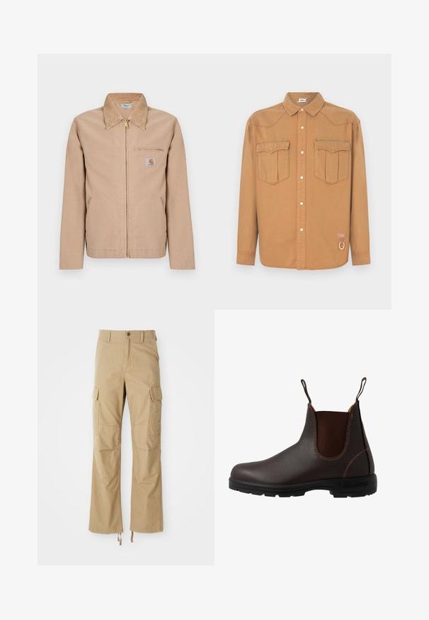 Veste beige zippée avec col pointu, deux poches latérales, une poche zippée sur la poitrine et une petite étiquette logo Carhartt sur la poitrine gauche.; Chemise en denim marron avec deux poches poitrine, col pointu, devant boutonné et coutures contrastées. Présente un patch logo et un détail boucle.; Pantalons cargo kaki en tissu durable, dotés de plusieurs poches latérales, d'une coupe droite et de cordons de serrage réglables à l'ourlet.; Botte Chelsea en cuir marron avec panneau latéral élastique, coutures marron, languettes de tirage, et une semelle en caoutchouc durable avec un motif texturé.