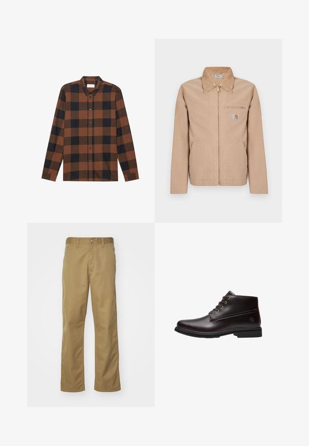 Veste beige zippée avec col pointu, deux poches latérales, une poche zippée sur la poitrine et une petite étiquette logo Carhartt sur la poitrine gauche.; Chemise à manches longues à carreaux marron et noir en tissu, avec un col à rabat et une patte de boutonnage ; présente des manches à poignets.; Chino kaki avec une coupe droite, fabriqué en tissu de coton lisse. Dispose d'une fermeture à bouton à l'avant et de poches latérales.; Bottine en cuir marron foncé à lacets avec semelle noire et logo discret de la marque sur le côté, présentée de profil sur fond blanc.