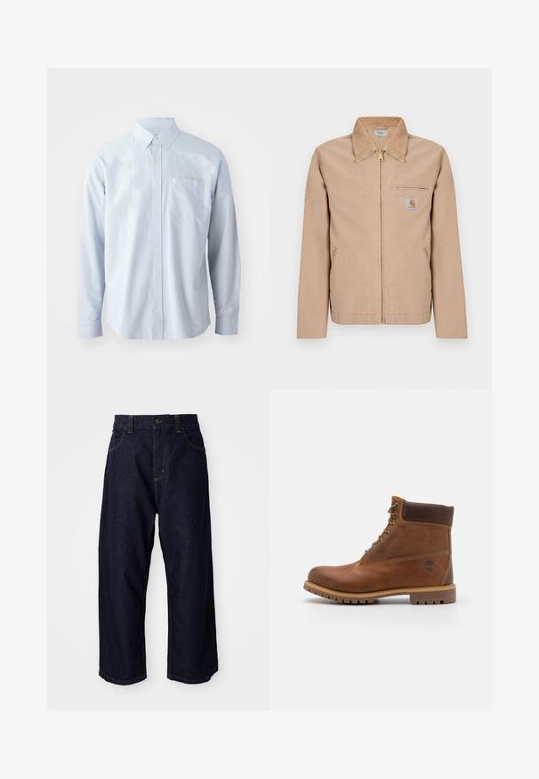 Chaqueta beige con cremallera, cuello puntiagudo, dos bolsillos laterales, bolsillo con cremallera en el pecho y pequeño parche con el logo de Carhartt en el lado izquierdo del pecho.; Camisa de manga larga azul claro fabricada en algodón. Presenta un collar con botones, botones frontales y un bolsillo en el pecho del lado izquierdo.; Pantalones de mezclilla azul oscuro con un corte relajado, que cuentan con una cremallera de botón, trabillas para cinturón y costuras y bolsillos con pespuntes amarillos.; Botas de senderismo de cuero marrón con un acabado suave, tobillo acolchado, ojales de metal y suela de goma con un patrón de tracción robusto.