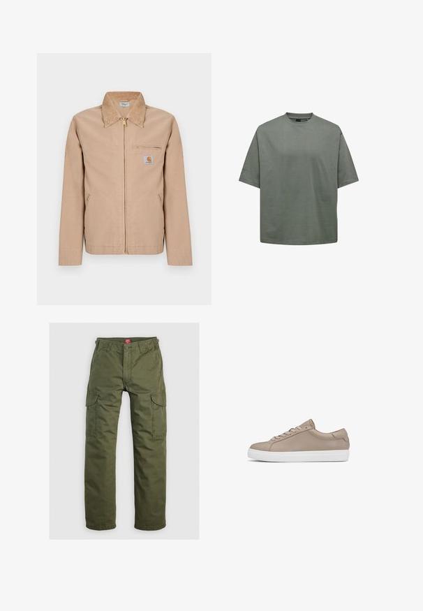 Beige Jacke mit Reißverschluss, spitzem Kragen, zwei Seitentaschen, Brusttasche mit Reißverschluss und kleinem Carhartt-Logopatch auf der linken Brust.; Grünes T-Shirt mit kurzen Ärmeln aus Baumwolle, mit lockerem Schnitt, Rundhalsausschnitt und glatter Textur ohne sichtbare Muster.; Olivgrüne Cargo-Hosen aus strapazierfähigem Material, mit Seitentaschen, Knopfverschluss und geradem Bein.; Beiger Ledersneaker mit rundem Zehenbereich, weißer Sohle und minimalistischem Design. Verfügt über runde Schnürsenkel und dezente Steppnähte.