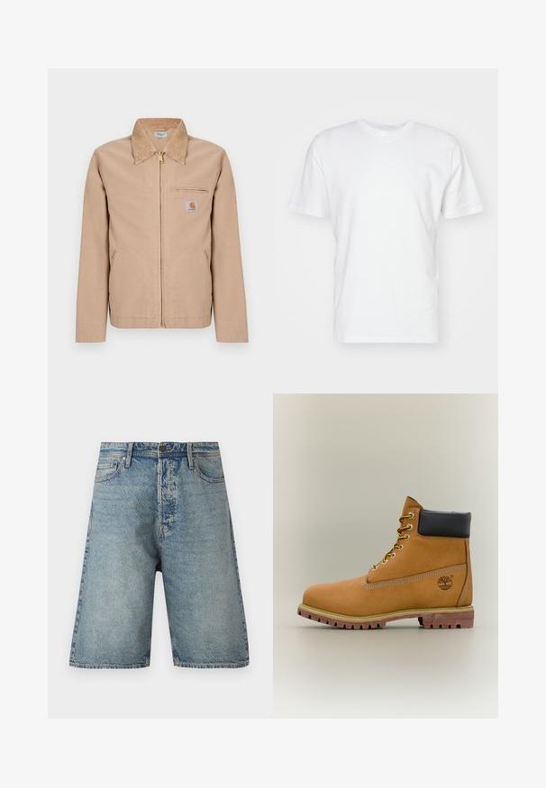 Beige jakke med lynlås, spids krave, to sidelommer, lynlåslomme på brystet og lille Carhartt-logo på venstre bryst.; Hvid bomulds T-shirt med korte ærmer, rund halsudskæring og en glat tekstur. Enkel design uden mønstre eller grafik.; Denim shorts med en lys blå vask, fem-lomme design og lige snit. Holdbart stof med synlige sømme og knaplukning.; Brun læderankelstøvle med sort krave, gule snørebånd og tanfarvet sål. Har logo og hvide syninger som detalje. Robust ydersål med greb.