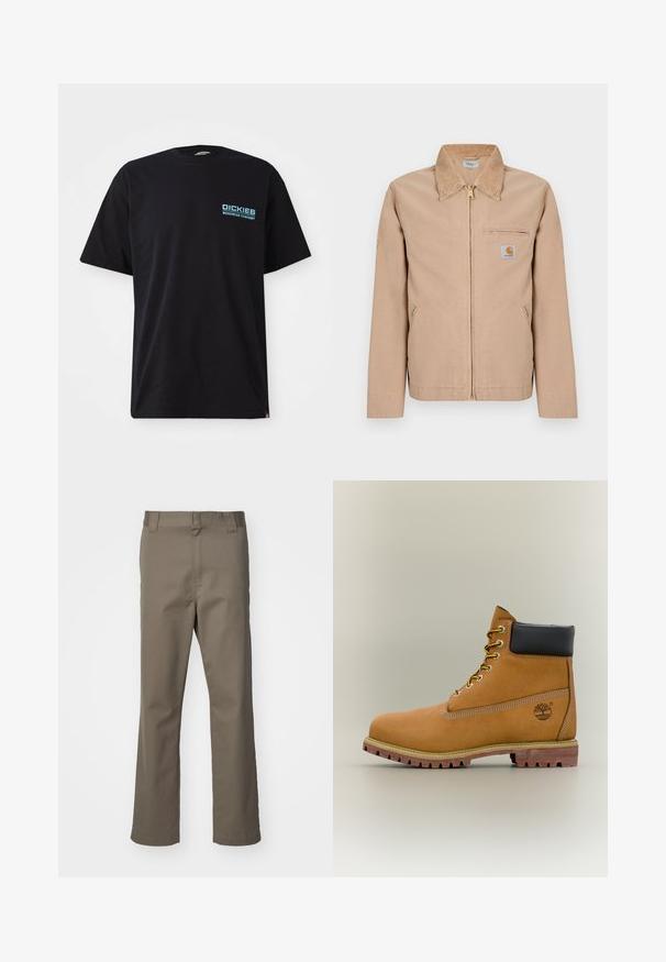 Beige jakke med lynlås, spids krave, to sidelommer, lynlåslomme på brystet og lille Carhartt-logo på venstre bryst.; Sort bomulds t-shirt med korte ærmer, forsynet med et blåt "DICKIES WORKWEAR COMPANY" logo på venstre bryst. Standard rund halsudskæring.; Brune lige bukser med bæltestropper, frontlynlås og uden synlige lommer, præsenteret på en hvid baggrund.; Brun læderankelstøvle med sort krave, gule snørebånd og tanfarvet sål. Har logo og hvide syninger som detalje. Robust ydersål med greb.