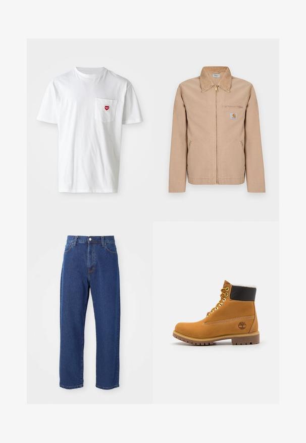 Beige jakke med lynlås, spids krave, to sidelommer, lynlåslomme på brystet og lille Carhartt-logo på venstre bryst.; Hvid bomulds T-shirt med rund halsudskæring og korte ærmer. Har et lille rødt hjerte-logo på venstre brystlomme.; Høj taljede blå jeans i denim, med lige ben silhuet, synlige stikninger og en frontknaplukning.; Brune læder ankelstøvle med metaløjer, hvid pelsforing, sort polstret krave, robust sål og præget logo på siden.