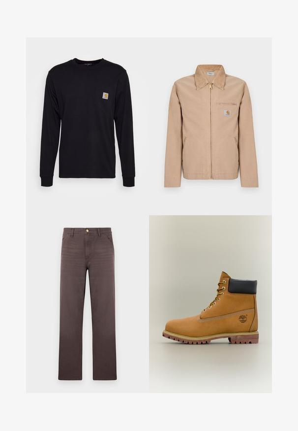 Béžová bunda na zips s ostrým golierom, dvoma bočnými vreckami, zipsovým vreckom na hrudi a malou nášivkou s logom Carhartt na ľavej strane hrude.; Čierna dlhá rukávová košeľa vyrobená z bavlny. Má náprsné vrecko so štvorcovou šedou nálepkou a oranžovým logom. Jednoduchý dizajn v jednofarbovej farbe.; Hnedé nohavice s rovnými nohavicami, prednými vreckami, pútkami na opasok a zlatým gombíkom na zapínanie.; Hnedá kožená členková členková obuv s čiernym golierom, žltými šnúrkami a béžovou podrážkou. Má logo a biele prešívanie. Hrubá podrážka s dobrým záberom.