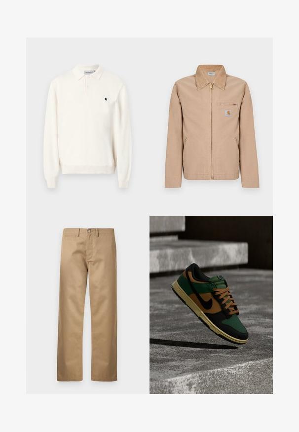 Veste beige zippée avec col pointu, deux poches latérales, une poche zippée sur la poitrine et une petite étiquette logo Carhartt sur la poitrine gauche.; Polo à manches longues de couleur blanc cassé avec deux boutons, poignets côtelés, col et petit logo Carhartt noir sur le côté gauche de la poitrine.; Pantalons chinos couleur sable en tissu de coton lisse, avec une coupe classique à jambe droite, des poches avant et une seule poche arrière.; Baskets Nike vertes, marron et noires avec des lacets beige flottant au-dessus de marches en béton.