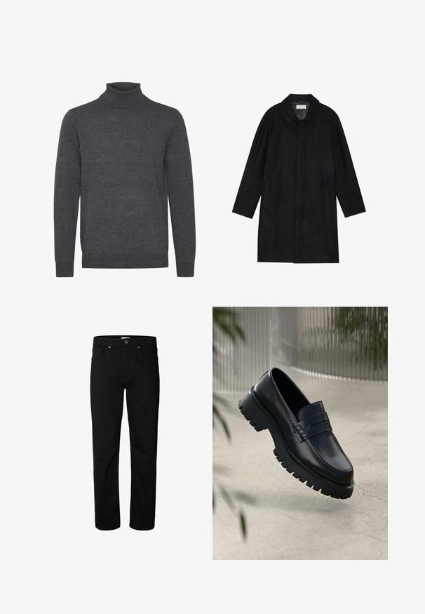 Sort frakke lavet af blød, struktureret stof. Har en krave, raglanærmer, sidelommer og en frontknaplukning.; Grå turtleneck sweater lavet af blødt strikket stof. Har en ribbet halsåbning og manchetter, lange ærmer, og et enkelt, udekoreret design.; Sorte jeans med lige ben, knap- og lynlåslukning, bæltestropper samt for- og baglommer, vist mod en ensfarvet hvid baggrund.; Sorte læder loafers med en chunky sål, der har en dekorativ rem og syninger. Glat tekstur med en poleret overflade.