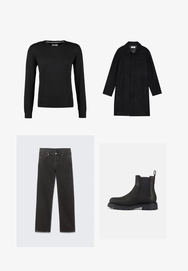 Manteau noir en tissu doux et texturé. Présente un col, des manches raglan, des poches latérales et une fermeture à boutons sur le devant.; Pull noir, ajusté, à col en V avec des manches longues. Fabriqué en tissu tricot doux, avec des bords côtes aux poignets et à la taille. Design minimaliste.; Jean denim noir à jambes droites avec poches avant, passants de ceinture et fermeture par bouton, disposé à plat sur un fond gris.; Bottines Chelsea en cuir noir avec des panneaux latéraux élastiques, une languette de traction et une semelle en caoutchouc texturée pour une bonne adhérence. Design épuré et finition discrète.