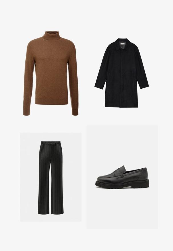 Manteau noir en tissu doux et texturé. Présente un col, des manches raglan, des poches latérales et une fermeture à boutons sur le devant.; Pull en col roulé marron en tissu doux, avec des manches longues, des poignets côtelés et une coupe ajustée sans motifs visibles.; Pantalon noir à jambes larges avec fines rayures verticales blanches, bouton et passants à la taille.; Mocassin en cuir noir avec un bout rond, des détails cousus, et une semelle épaisse et texturée. Présente un design élégant et minimaliste.