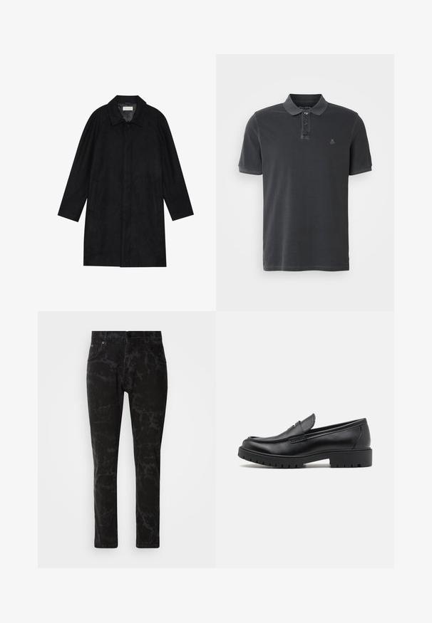 Schwarzer Mantel aus weichem, strukturiertem Stoff. Besitzt einen Kragen, Raglansärmel, seitliche Taschen und einen vorderen Knopfverschluss.; Dunkelgraues Poloshirt aus Baumwolle, mit einem Knopfkragen, kurzen Ärmeln und einem gestickten Logo auf der linken Brust.; Schwarze Jeans aus Denim mit marmoriertem Muster, geradem Bein, Fünf-Taschen-Stil und Knopfverschluss am Bund.; Schwarze Lederloafers mit runder Zehenform, eleganter Schlupfdesign und dicker Gummisohle mit strukturiertem Griff. Erhöhter Absatz und dezente Nähdetails.
