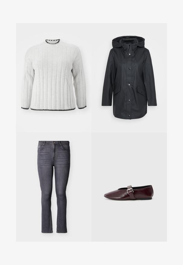 Sort vandtæt jakke med hætte, frontknapper og to sidelommer. Glat tekstur, normal pasform og længde til midten af låret.; Lys grå ribbet sweater med lange ærmer, der har en sort kant ved den høje halsudskæring og kanten. Blød tekstur og afslappet design.; Grå slim-fit denimjeans med fem lommer, forreste knap- og lynlåslukning, med subtile falmninger og syningsdetaljer.; Bordeaux læder ballerina sko med spidse tæer, flad sål og en dekorativ spænde-strop over vristen. Glat, blank tekstur.