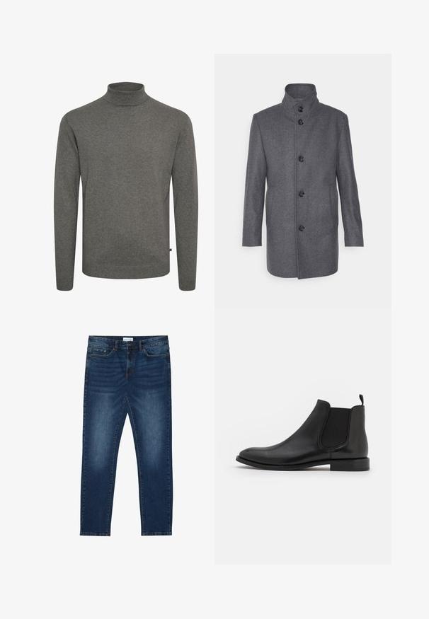 Grå uldfrakke med høj krave, der har seks sorte knapper, sidelommer og lige snit. Glat tekstur, skræddersyet design.; Grå rullekravesweater lavet af blødt strikket materiale. Har en tætsiddende krave og lange ærmer med ribstrikkede manchetter og kant.; Mørkeblå slim-fit jeans med falmede detaljer, klassisk fem-lomme design, knappelukning og bæltestropper.; Sorte læder Chelsea støvle med elastiske sidepaneler, en rund tå og en lav hæl. Glat tekstur med et minimalistisk design.