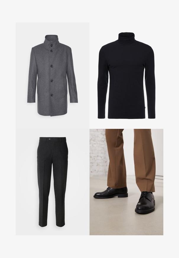 Hall tumehall villane mantel kõrge kraega, kuues musta nööbiga, küljetaskudega ja sirge lõikega. Sile tekstuur, täpselt meisterdatud disain.; Must have mustakate pikkade varrukatega turtleneck särk, mis on valmistatud pehmest ja venivast kangast. Omab pitsitud disaini ja sujuvat tekstuuri. Pole nähtavaid mustreid ega aktsente.; Lindbergh Püksid - black melange; Mustad musta nahast kingad sileda pinnaga ja ümmarguse varbaga, mis on varustatud kinnituspaeltega ja madala, tasase tallaga. Kombineeritud pruunide pükstega.