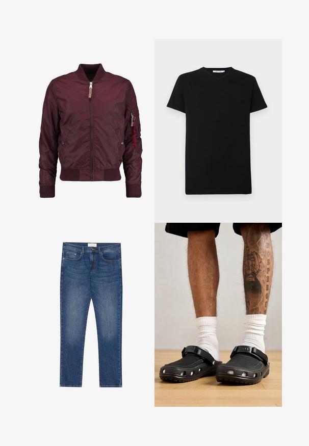 Burgunderfarbene Bomberjacke aus glattem Stoff; verfügt über einen Frontreißverschluss, gerippte Bündchen, Seitentaschen und eine Utility-Tasche mit einem roten Band.; Schwarzes Baumwoll-T-Shirt mit kurzen Ärmeln und V-Ausschnitt. Einfaches Design, einfarbig und weiche Textur. Keine sichtbaren Muster oder Akzente.; Herren Jeans aus blauem Denim mit geradem Schnitt, fünf Taschen, leichtem Verwaschungsdetail sowie einem standardmäßigen Knopf- und Reißverschluss.; Schwarze Holzschuhe mit einem strukturierten Obermaterial, verstellbarem Riemen und Belüftungslöchern, kombiniert mit weißen Socken und Shorts bis über die Knie.