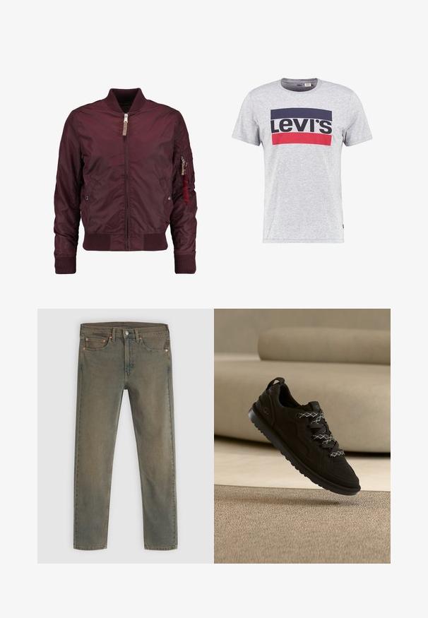 Burgunderfarbene Bomberjacke aus glattem Stoff; verfügt über einen Frontreißverschluss, gerippte Bündchen, Seitentaschen und eine Utility-Tasche mit einem roten Band.; Graues T-Shirt mit kurzen Ärmeln aus Baumwolle, das ein großes Levi's-Logo in Schwarz und Rot auf der Vorderseite trägt, mit einem Rundhalsdesign.; Dunkelgrüne Denim-Jeans mit geradem Beinanschnitt, fünf Taschen und Kupferhardware-Akzenten. Die verblasste Textur verleiht ein abgenutztes Aussehen.; Schwarzer Sportschuh aus Wildleder mit strukturierten Overlays, schwarzen Schnürsenkeln mit weißen Akzenten und einer Gummisohle.