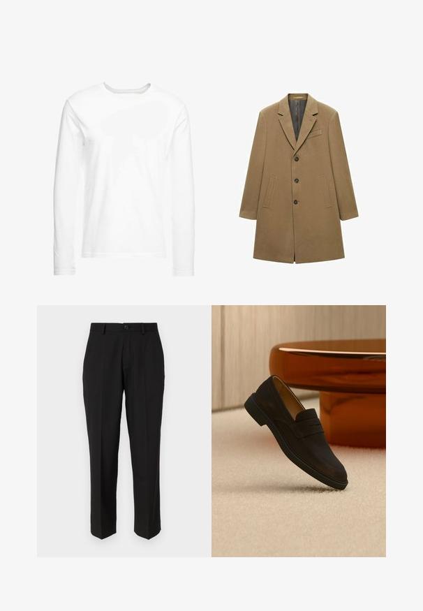 Hnedý vlnený kabát s prispôsobeným strihom, klopovými chlopňami, dvoma prednými vreckami, piatimi čiernymi gombíkmi a podšívkou.; Biela tričko s dlhým rukávom vyrobené z mäkkej bavlny. Okrúhly výstrih s rovnými lemami a bez viditeľných vzorov alebo grafiky.; Čierne nohavice z hladkej tkaniny s rovnými nohavicami, prednými vreckami, jedným gombíkom na zapínanie a bez viditeľných vzorov.; Tmavohnedá semišová mokasína s čiernou podrážkou vznášajúca sa nad béžovým koberecom, v pozadí oranžový sklenený stôl v miestnosti s mäkkým dreveným obložením.
