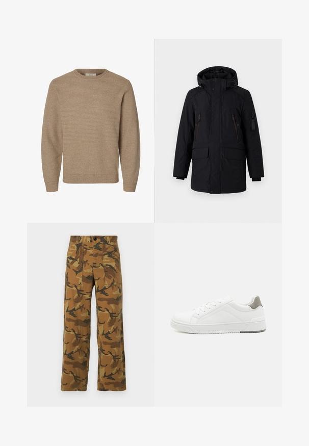 TOM TAILOR SNOW COAT - Talvemantel - black; Beež pikkade varrukatega kootud kampsun ümara kaelusega ja soonikkoes mansettide ning alläärega, esitatud valgel taustal.; Kamasooline cargo püksid pruunides ja rohelises toonis, valmistatud kerge materjaliga, millel on neli taskut ja nööp sulgemine.; Valge tenniseking sileda nahaga, ümar varvas, minimalistlik disain, hall kand, ja tekstureeritud kummist tald.