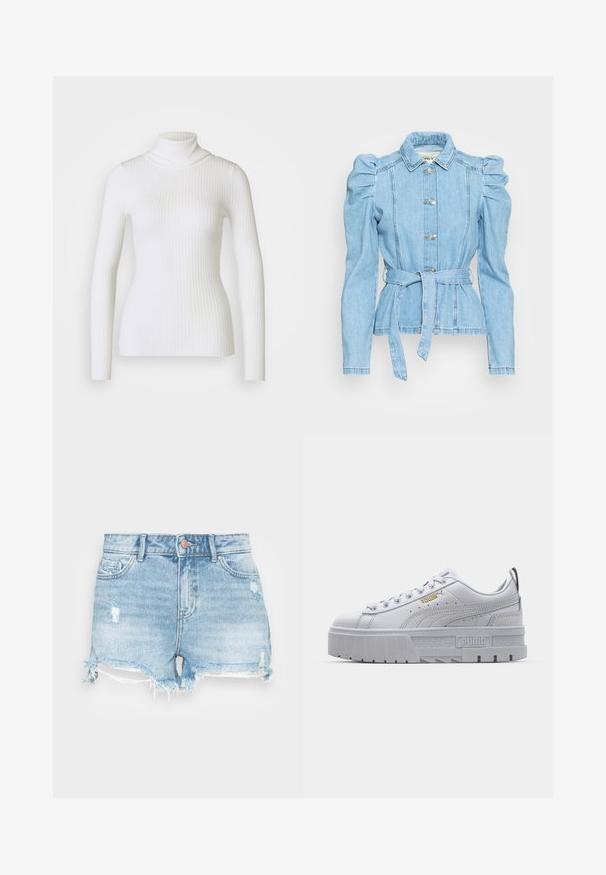 Chaqueta de mezclilla azul claro con mangas abullonadas, cintura ceñida, cinco botones y un cuello estructurado. Presenta costuras detalladas y un corte ajustado.; Suéter blanco de cuello alto con canalé y mangas largas, que presenta un diseño ajustado y una textura suave. Cuello plano y aspecto sin costuras.; Shorts de mezclilla en azul claro con un acabado desgastado, dobladillo deshilachado y diseño clásico de cinco bolsillos. Presenta un cierre de botón metálico.; Zapatillas de plataforma blancas con parte superior de cuero suave, cuello acolchado, suela de goma gris y detalles dorados que presentan el logo de Puma.